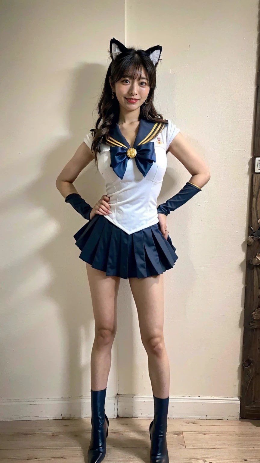 (8K、RAW Photos、Highest quality、masterpiece:1.2)、(Realistic、Realistic)、1 Girl、((Sailor Moon Costume:1.2、Thin legs、whole body、View from the front、smile、Looking into the camera、Stand with hands on hips))、cute、Large Breasts