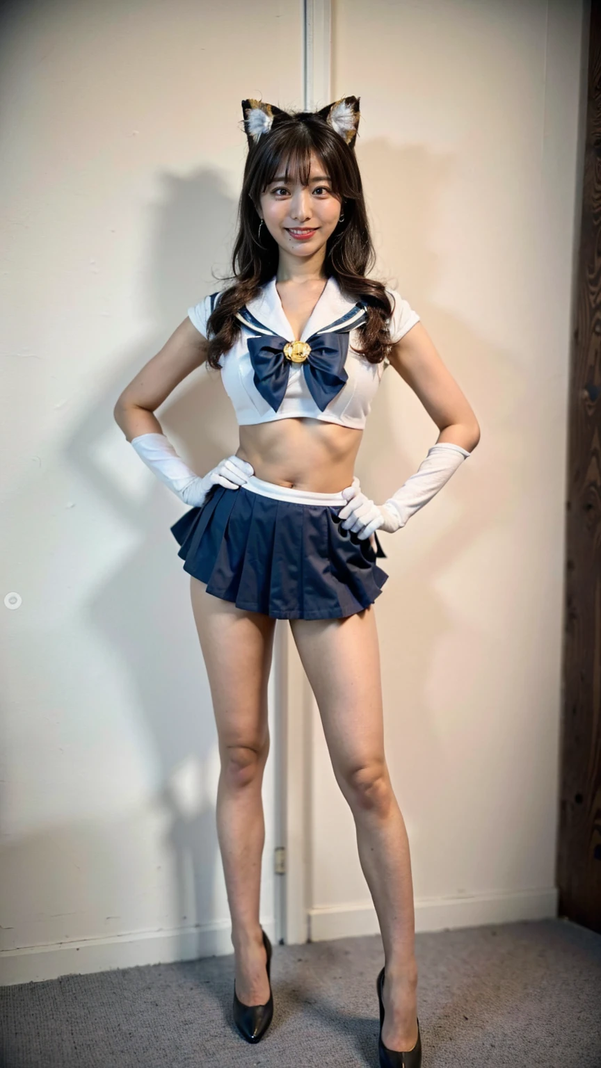 (8K、RAW Photos、Highest quality、masterpiece:1.2)、(Realistic、Realistic)、1 Girl、((Sailor Moon Costume:1.2、Thin legs、whole body、View from the front、smile、Looking into the camera、Stand with hands on hips))、cute、Large Breasts