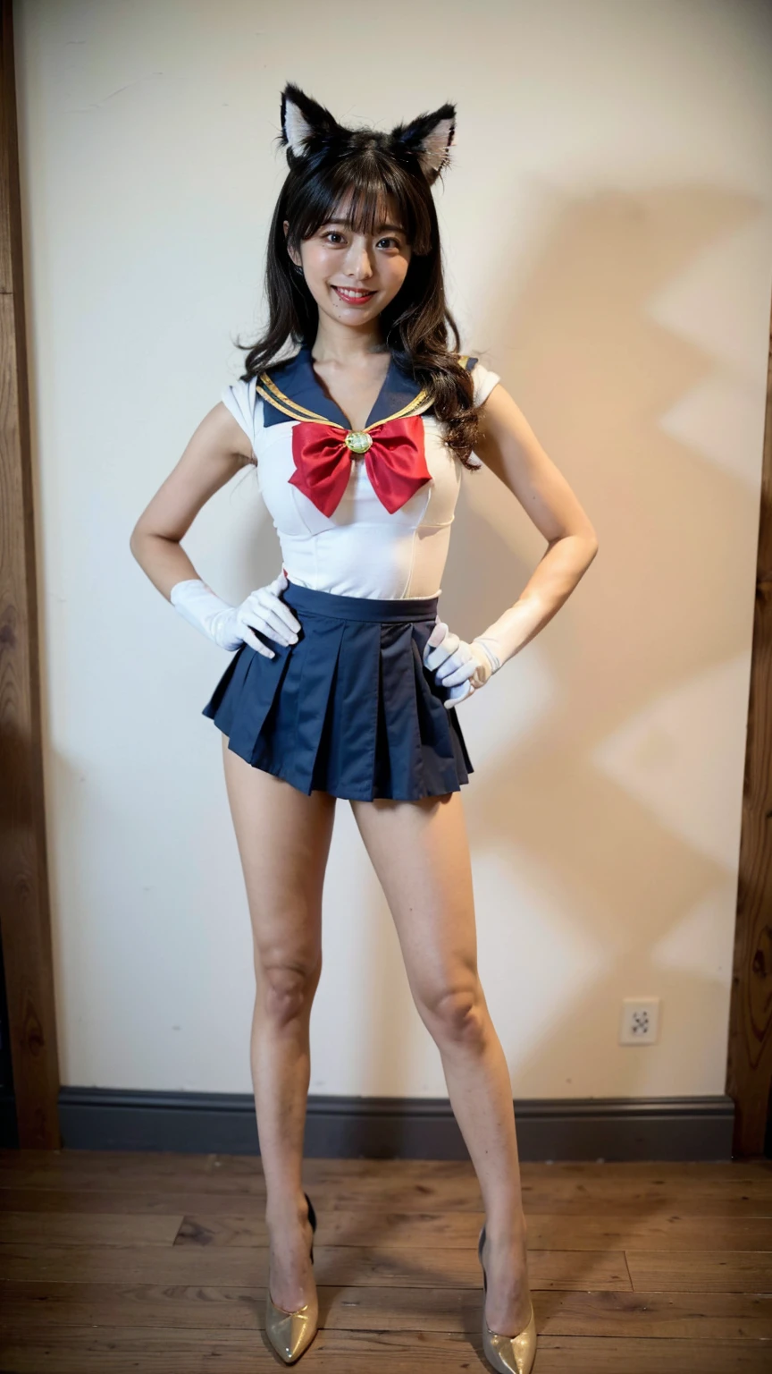 (8K、RAW Photos、Highest quality、masterpiece:1.2)、(Realistic、Realistic)、1 Girl、((Sailor Moon Costume:1.2、Thin legs、whole body、View from the front、smile、Looking into the camera、Stand with hands on hips))、cute、Large Breasts