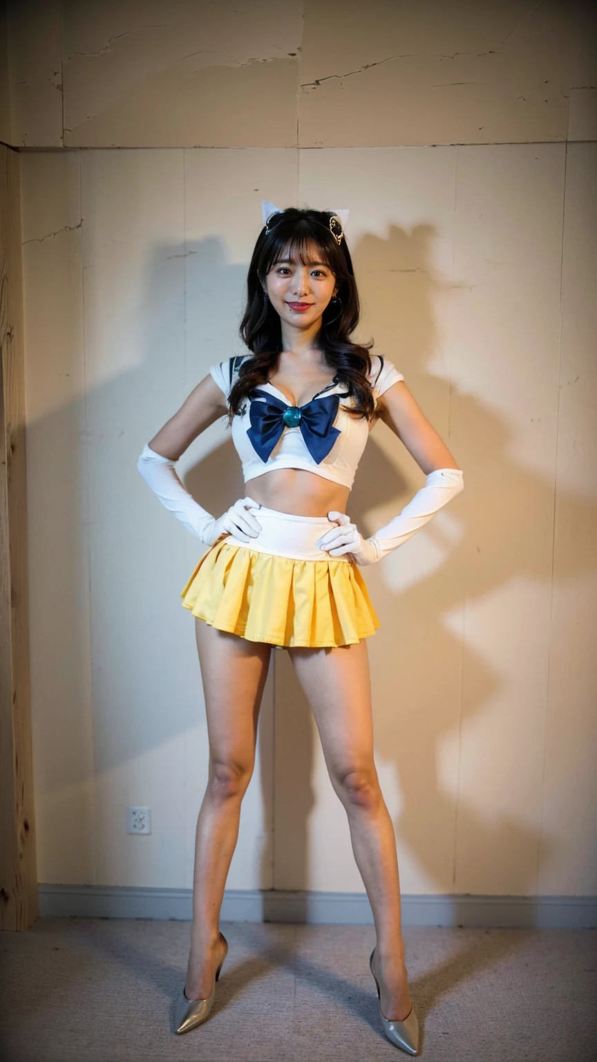 (8K、RAW Photos、Highest quality、masterpiece:1.2)、(Realistic、Realistic)、1 Girl、((Sailor Moon Costume:1.2、Thin legs、whole body、View from the front、smile、Looking into the camera、Stand with hands on hips))、cute、Large Breasts