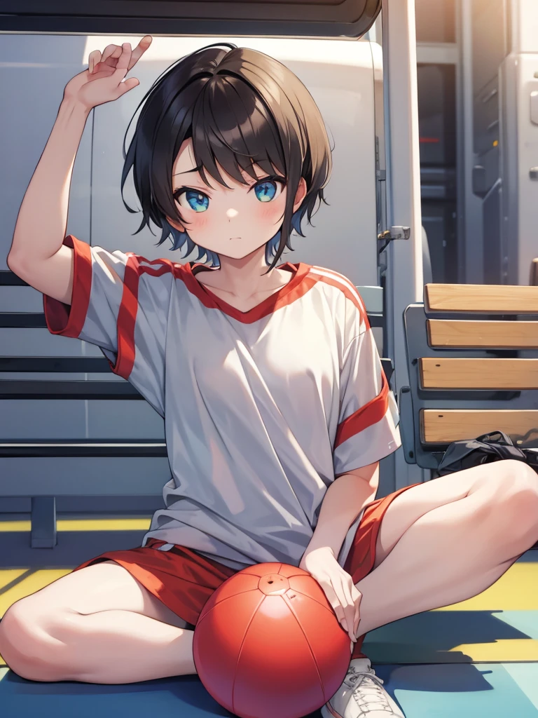 Sit on a big ball、tomboy、girl、stretch