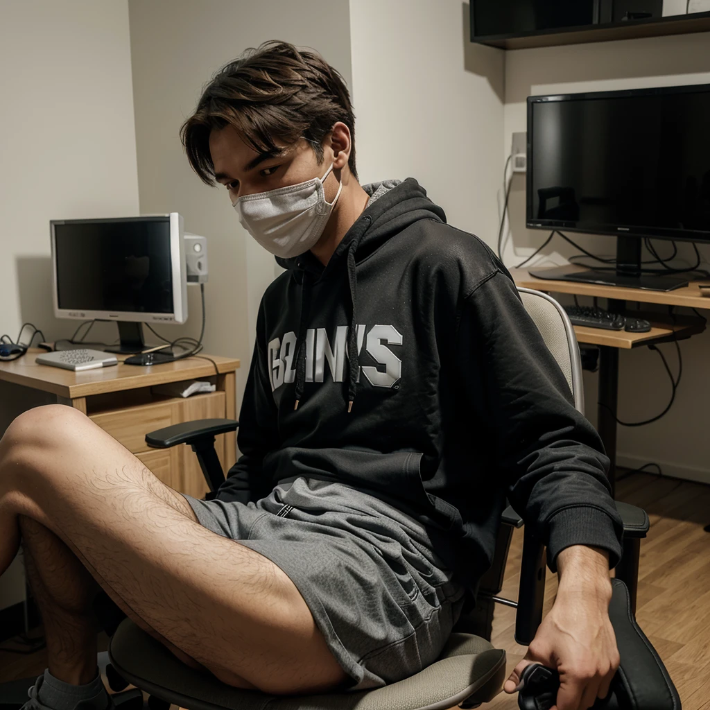 In a private room, a man is wearing a hoodie and hide his face.He's sitting on his gaming chair and ready to talk something.