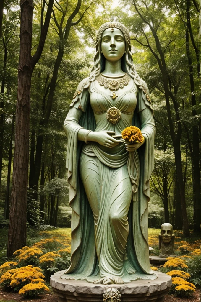 create a highly detailed and surrealastic digital are peace of statue with a skull like face integrated with nature . the statue should have intricate carvings resembling aged ivory or bone with hollow eye framed by blooming golden marigold . the intare the intare figure should be interwoven with vibrant flowers and lush green leaves giving the appearance that the statue is both ancient and alive. the background should be a mystical , dence forest with a sof.t ambiant lighting the highlights the ethereal and magic quality of the scene. insure the flowers and leaves appear fresh and vibrant contrasting with the agede texture of the statue