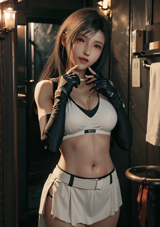 （，Make your face bright red，20-year-old，Long, narrow eyes）（Realistically： 1.4）， solo， Highest quality， Very elegant and beautiful， Kilo， One girl， Final Fantasy Tifa_Lockhart， smile， Cowboy Lens， Harness， Low waist， （White Dress，Black long stockings），In the bathroom，Shower spray，To the show，It was raining outside the window， Brunette color hair， Make your face bright red，Sweat，Long white hair， Wear gloves on your elbows， Beautiful and detailed red eyes， Face Light， Cinema Lighting， belly button， （： 1.0）， Old Bar， The background is blurred， Fluttering Hair， Adult Beauty，Eating fingers，