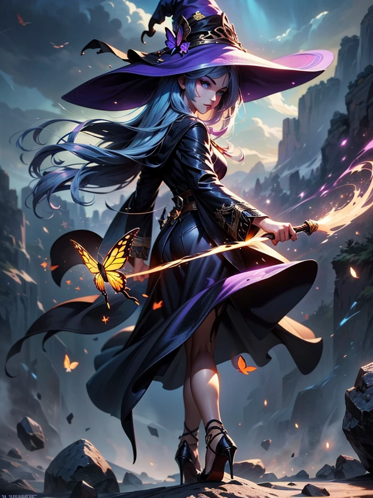 In the middle of so the storm on the stone field stand beatiful witch, she have a beautiful face with blue eyes shining purple lipstick and purple eye shadows, she have long blue hair with purple highlights, she dressed in black long coat short skirt high heels shoes and witch hat on her head , there is lighning butterflys fly all around her, (ultra high quality fantasy art, anime fantasy style, masterpiece, ultra high quality character design, 8k quality anime art, realistic anime art, top quality wallpaper illustration, detailed ultra high quality accurate face, high quality design and accurate physic)