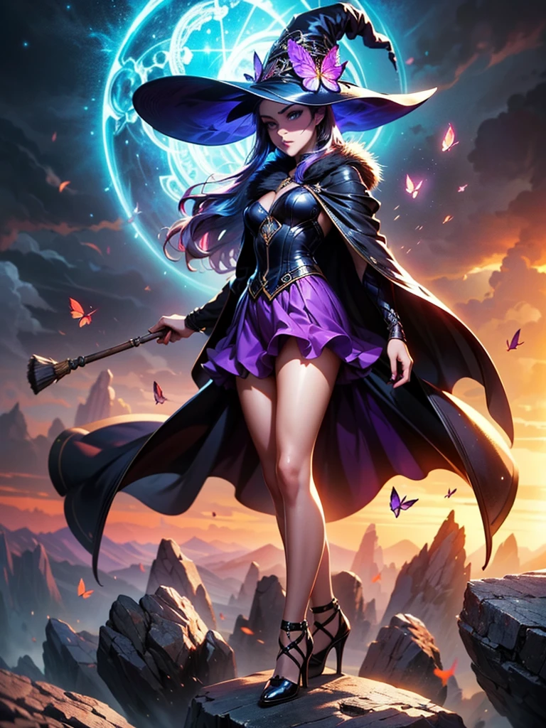 In the middle of so the storm on the stone field stand beatiful witch, she have a beautiful face with blue eyes shining purple lipstick and purple eye shadows, she have long blue hair with purple highlights, she dressed in black long coat short skirt high heels shoes and witch hat on her head , there is lighning butterflys fly all around her, (ultra high quality fantasy art, anime fantasy style, masterpiece, ultra high quality character design, 8k quality anime art, realistic anime art, top quality wallpaper illustration, detailed ultra high quality accurate face, high quality design and accurate physic)