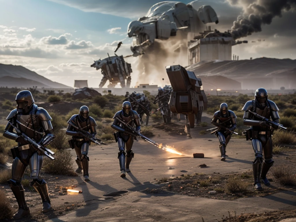A futuristic battle scene: A squadron of sleek, high-tech infantry, clad in advanced armor and wielding cutting-edge weaponry, converges on a massive robot, its metallic body cracked and smoldering from previous attacks. The ground shakes as the soldiers deploy their unique abilities to disable the beast's defenses, while spotlights cast an eerie glow on the dusty terrain.