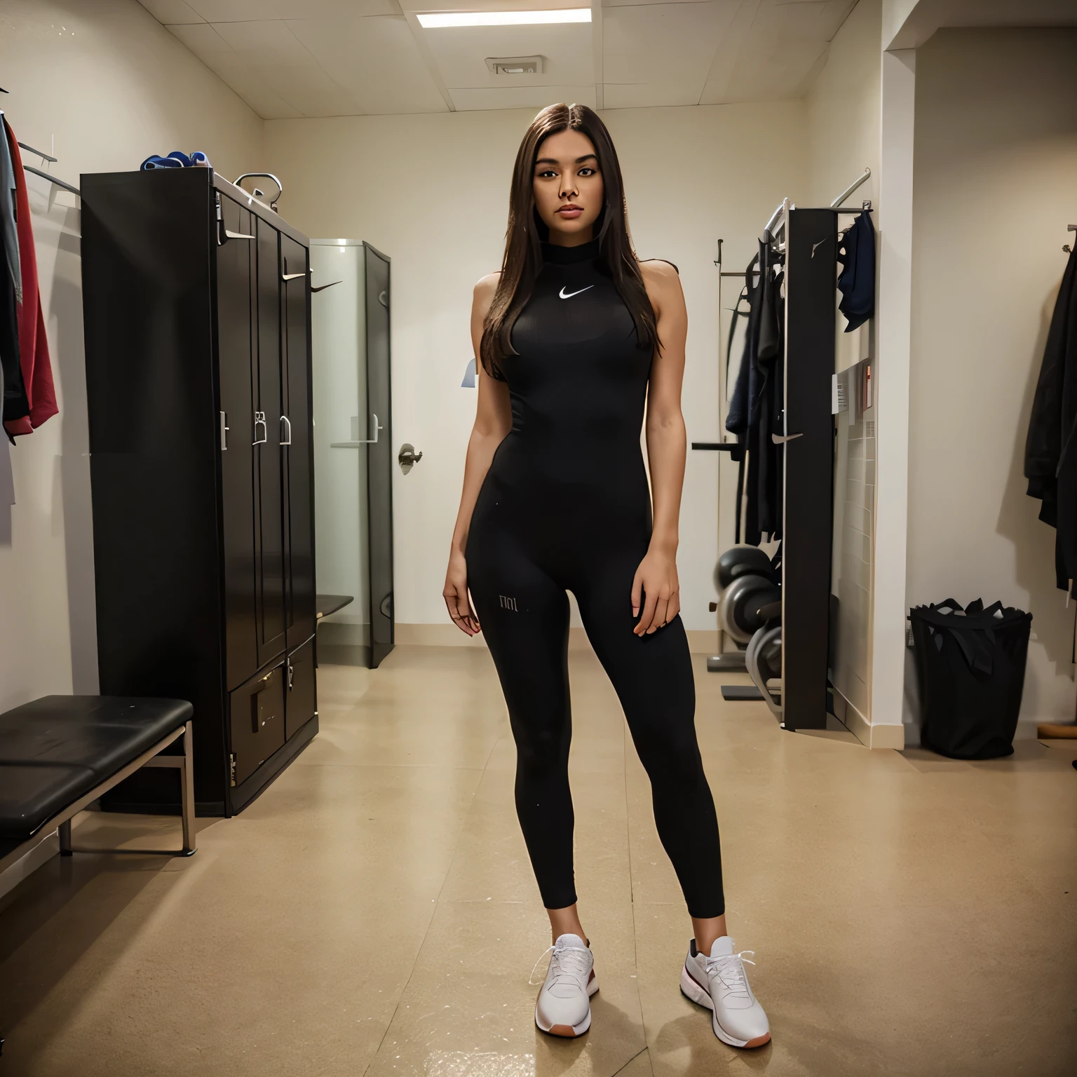 Brunette instagram model, standing, posing, Nike body suit, inside a gym lockerroom, people in background