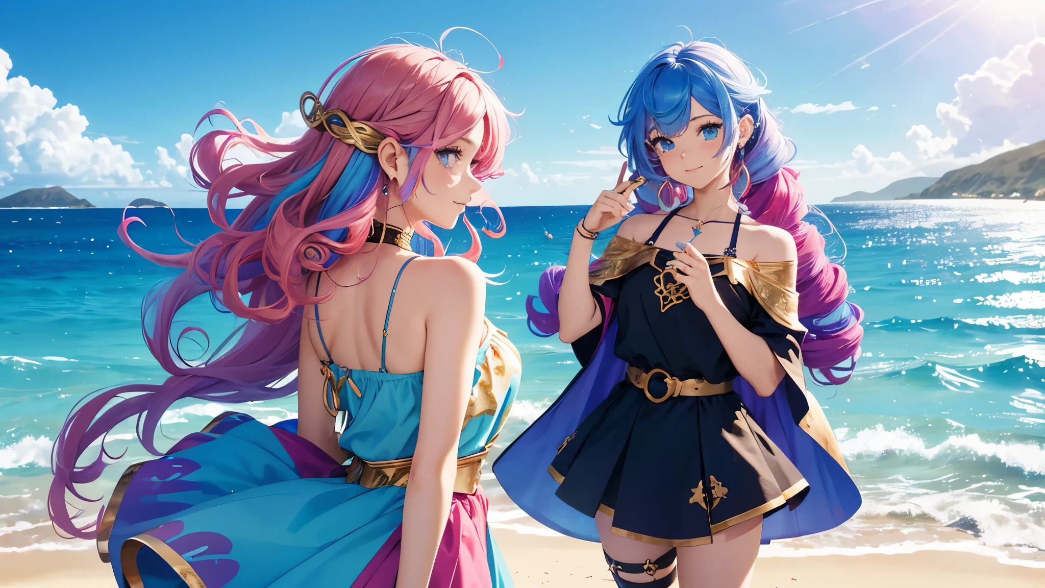 1 girl, (Rainbow Hair, Colorful hair, half blue and half pink hair: 1.2), 17 years old, blue_Sky, Holding a magic wand, summer (Oceansexist), petal_exist_liquid, Black cape with hood, Red and black tattered dress, skirt: 1.2, (gold lexistg curly hair: 1.5), Sky, outdoor, cloud, 刘Ocean, Smile, Sky blue eyes, Bare shoulders, Perfect hands, Card Details, Repair finger. earrings, Ocean + background, Watching_exist_Viewer, Cowboy shooting, Top quality, Rich details, Perfect image quality, sunrise