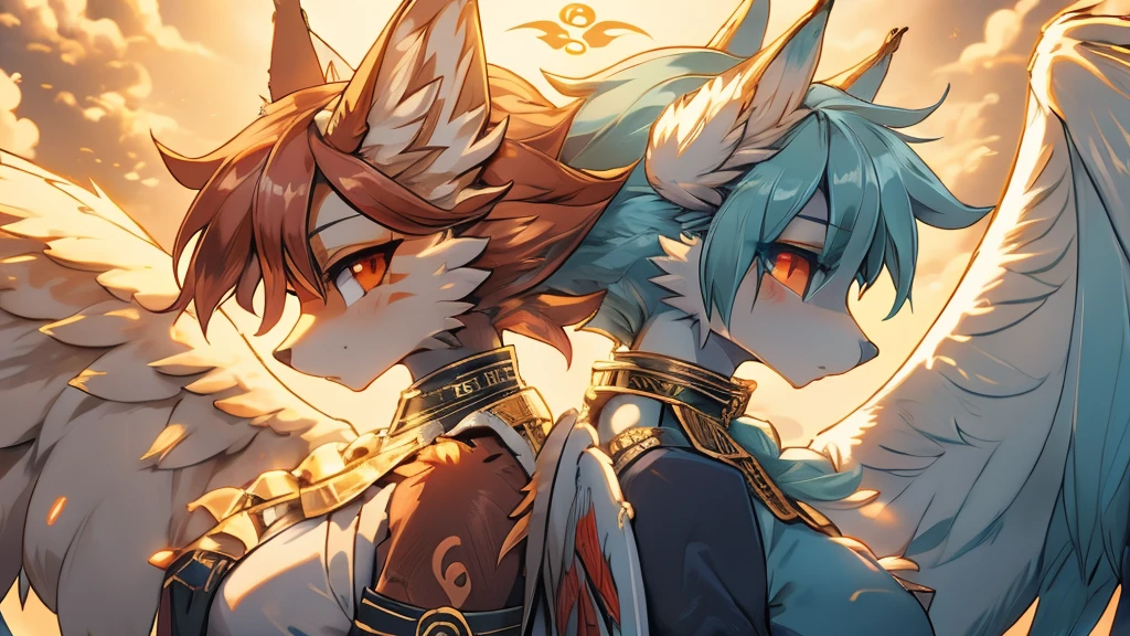 Two girls back to back, duality good and evilMiku Hatsune, add high definition_detail:1, blue fur,kitsune ears, tribal tattoo add_detail:1, hell&heaven add_detail, yokai kitsune add_detail:1. Dualidad hatsume miku add high definition_detail:1 , blue fur, slave dd kitsune, angelic girl, angel girl add_detail:1