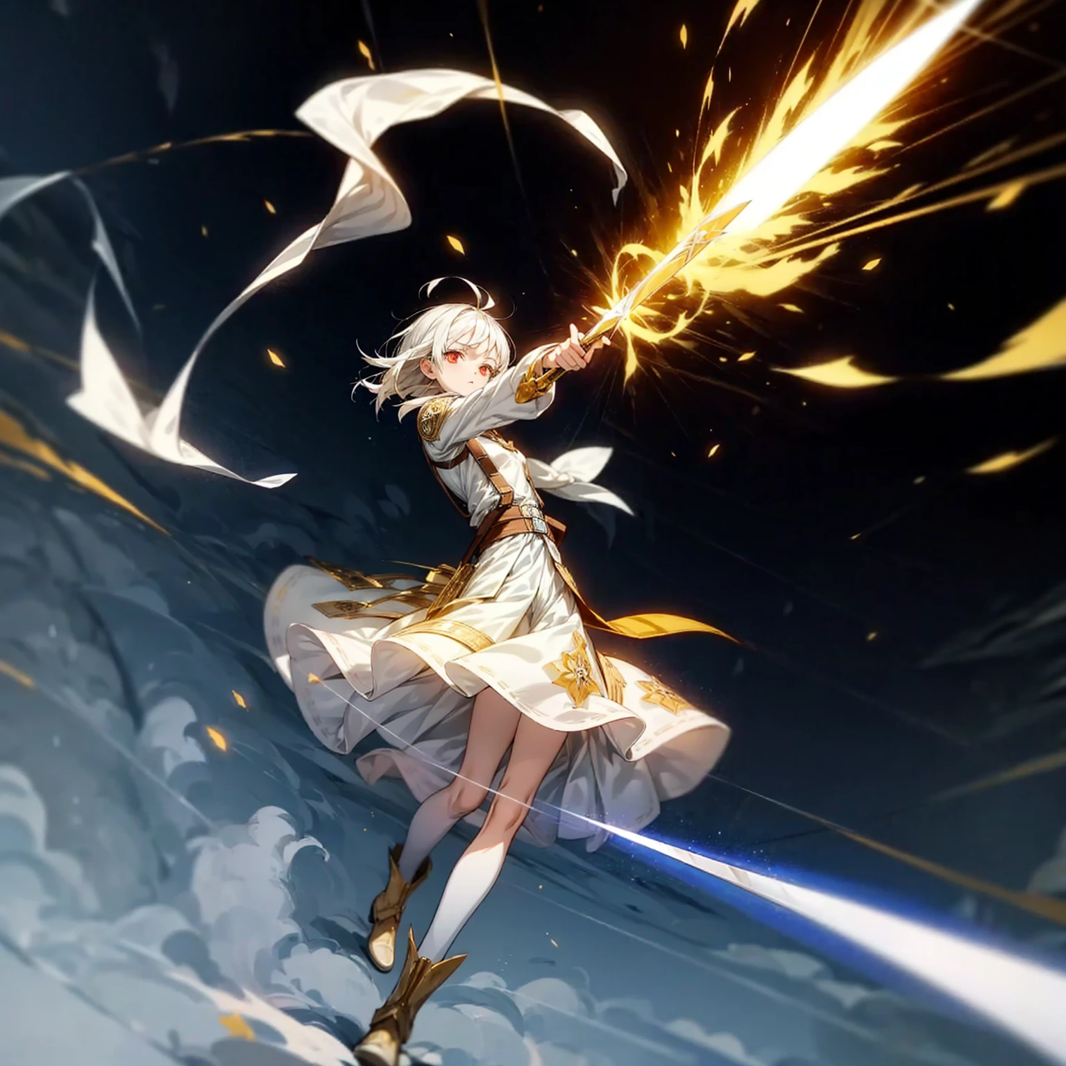 1girl, Full body version, 1character, light red eyes color, white skin, short hairstyle, white colour hair, templar knight silver style clothing, Long skirt, long socks, long boots, (gold knife in hand), gold Shield in hand, full background, Grassroots background in village, motion blur, shadow, battle gesture, smoke effect, lighting effect, lighting knife, aura, plasma effect, (attack on Titan style art)