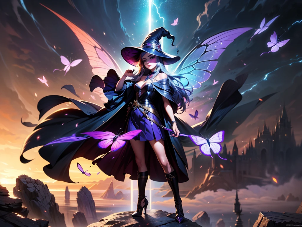 In the middle of so the storm on the stone field stand beatiful witch, she have a beautiful face with blue eyes shining purple lipstick and purple eye shadows, she have long blue hair with purple highlights, she dressed in black long coat short skirt high heels shoes and witch hat on her head , there is lighning butterflys fly all around her, (ultra high quality fantasy art, anime fantasy style, masterpiece, ultra high quality character design, 8k quality anime art, realistic anime art, top quality wallpaper illustration, detailed ultra high quality accurate face, high quality design and accurate physic)