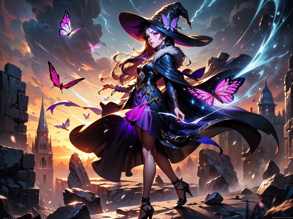 In the middle of so the storm on the stone field stand beatiful witch, she have a beautiful face with blue eyes shining purple lipstick and purple eye shadows, she have long blue hair with purple highlights, she dressed in black long coat short skirt high heels shoes and witch hat on her head , there is lighning butterflys fly all around her, (ultra high quality fantasy art, anime fantasy style, masterpiece, ultra high quality character design, 8k quality anime art, realistic anime art, top quality wallpaper illustration, detailed ultra high quality accurate face, high quality design and accurate physic)