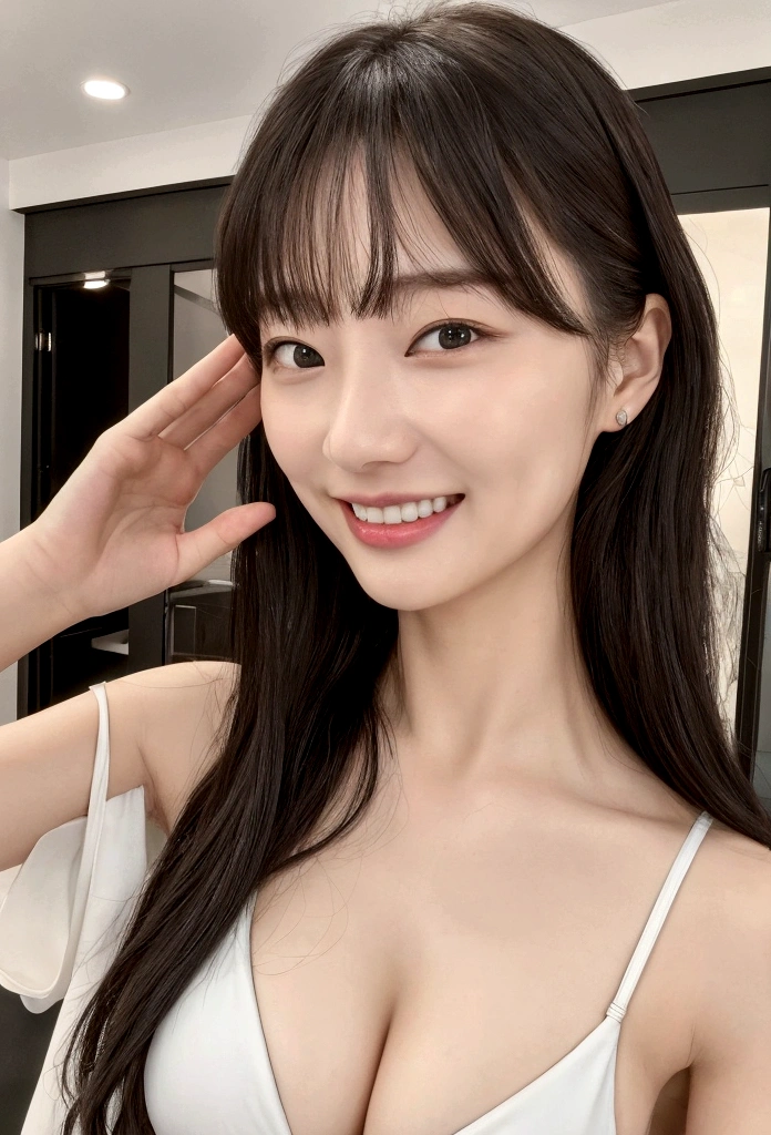 1people、Delicate skin quality、日本people、((Highest quality, 4K, Masterpiece: 1.3)), Beautiful style: 1.4, Long hair, Swimwear, F Cup, Wet body, Sweaty, Hands behind back, smile, Highly detailed face and skin texture, Fine grain, double eyelid、The whole body is visible、White teeth、bustling street、Bangs down