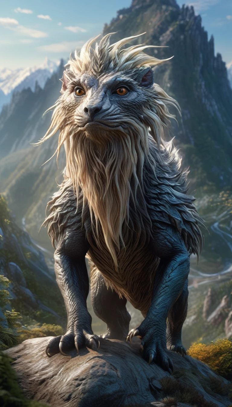 Panoramic front view，There is a creature on the mountain，Human-like appearance，Covered with hair（best quality，4K，8K，High level，masterpiece：1.2），Ultra Detailed，（lifelike，Photo real，Photo real：1.37），Highly detailed animals，Complex patterns，Realistic lighting，Fantasy Creatures