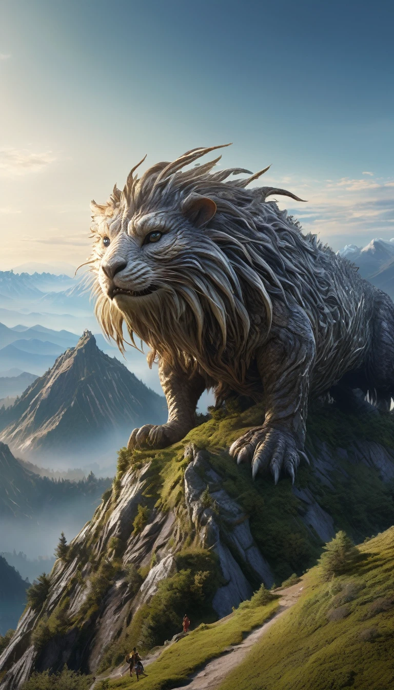 Panoramic front view，There is a creature on the mountain，Human-like appearance，Covered with hair（best quality，4K，8K，High level，masterpiece：1.2），Ultra Detailed，（lifelike，Photo real，Photo real：1.37），Highly detailed animals，Complex patterns，Realistic lighting，Fantasy Creatures