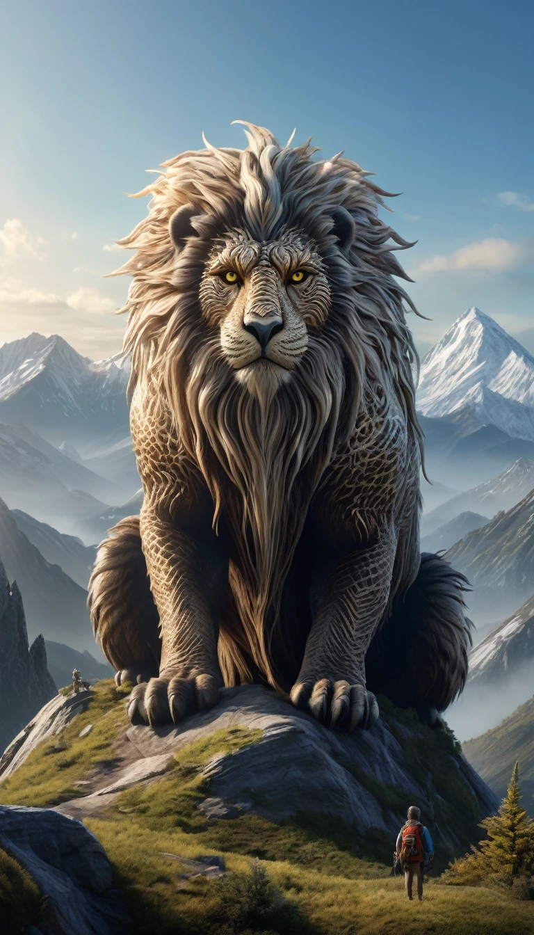 Panoramic front view,There is a creature on the mountain,Human-like appearance,Covered with hair(best quality,4K,8K,High level,masterpiece:1.2),Ultra Detailed,(lifelike,Photo real,Photo real:1.37),Highly detailed animals,Complex patterns,Realistic lighting,Fantasy Creatures
