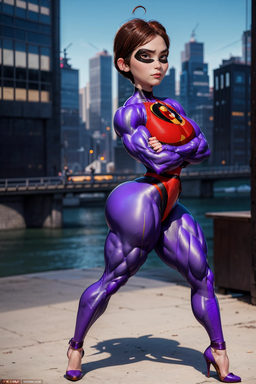 (Muscular:1.9), (thick thighs:1.2), (large round breasts:1), (large muscular chest and shoulders:1.1), FEMALE, black hair, long blackhair, (big smile:0), (wearing tight Violet The Incredibles costume and high heels:1.5), looking at viewer, (three quarter view:1.3), upper body view, (city:1.5), detailed skin, detailed eyes, (clean skin:1.5), (very thin waist:1.3), (huge body muscles:1.8), (one protagonist:1.5), (arms crossed pose:1.6)