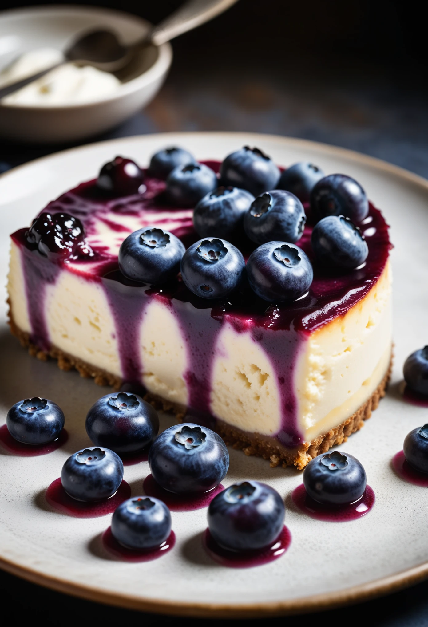 Documentary RAW Photography,a Blueberry Cheesecake, highlighting its exquisite, lacy texture and impeccable balance. The composition should evoke an irresistible urge to taste, with every detail crafted to inspire both amateur and seasoned cooks, (sharpness in detail:1.1), masterpiece, 35mm photograph, (iconic photograph:1.4), (visual storytelling:1.2), film grain, award winning photography,vibrant use of light and shadow, high quality textures of materials, volumetric textures perfect composition, dynamic play of light, rich colors, epic shot, perfectly quality, natural textures,high detail, photoshadow, (natural colors, correct white balance, color correction, dehaze),(intricate detailed), 8k