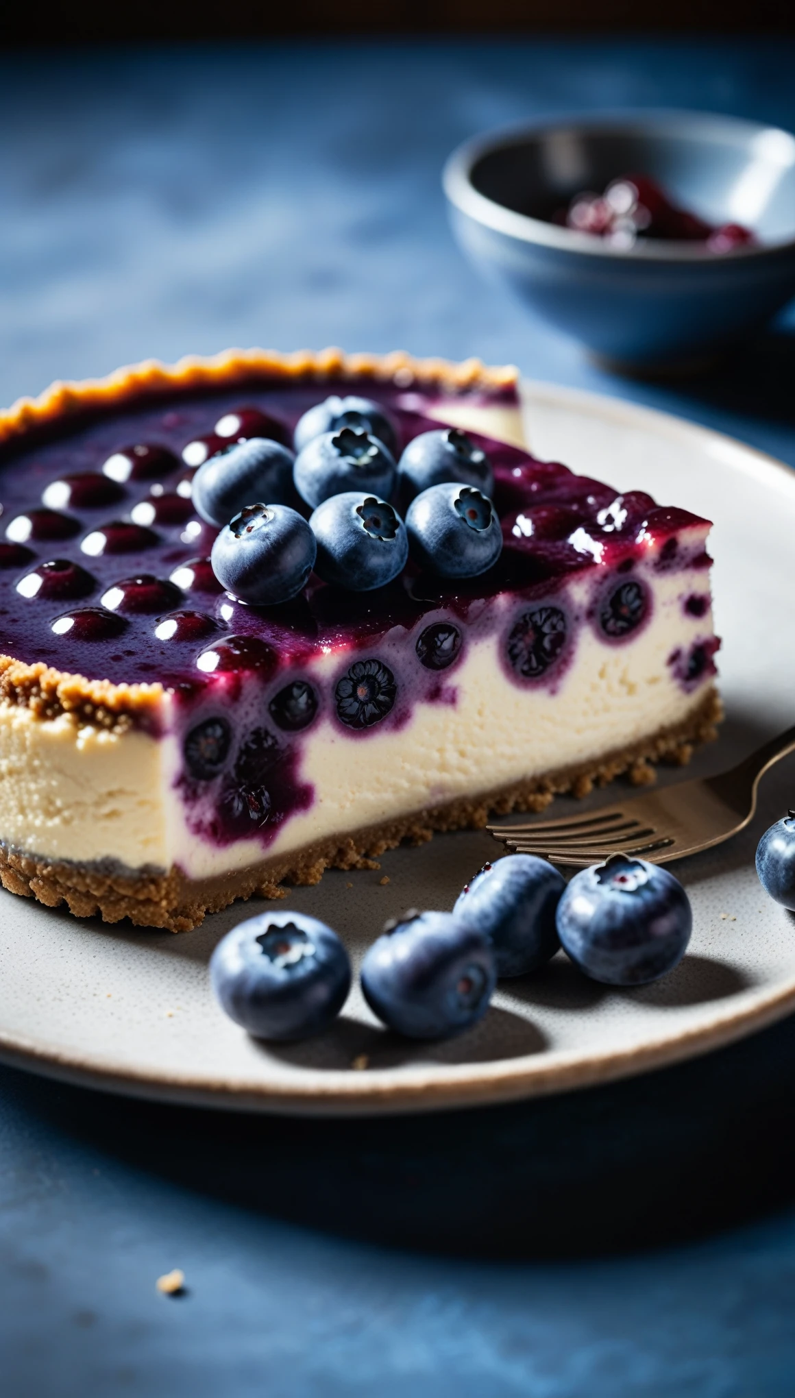 Documentary RAW Photography,a Blueberry Cheesecake, highlighting its exquisite, lacy texture and impeccable balance. The composition should evoke an irresistible urge to taste, with every detail crafted to inspire both amateur and seasoned cooks, (sharpness in detail:1.1), masterpiece, 35mm photograph, (iconic photograph:1.4), (visual storytelling:1.2), film grain, award winning photography,vibrant use of light and shadow, high quality textures of materials, volumetric textures  perfect composition, dynamic play of light, rich colors, epic shot, perfectly quality, natural textures,high detail, photoshadow, (natural colors, correct white balance, color correction, dehaze),(intricate detailed), 8k