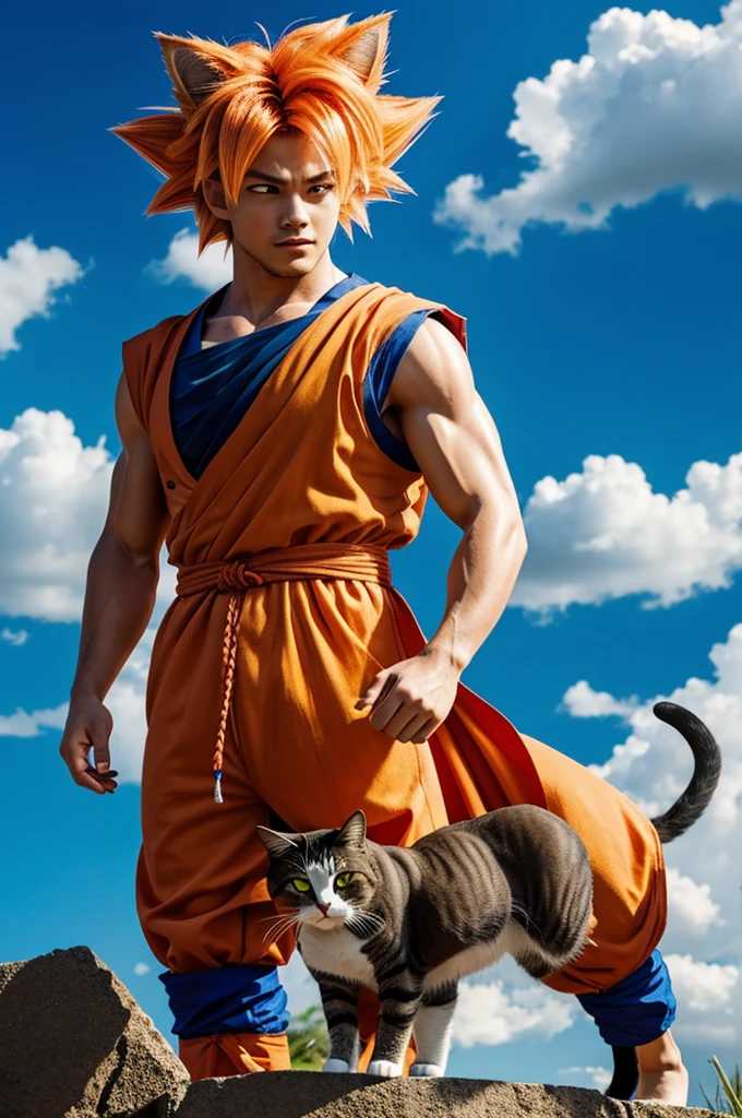 Generate a photo of a cat with goku hair