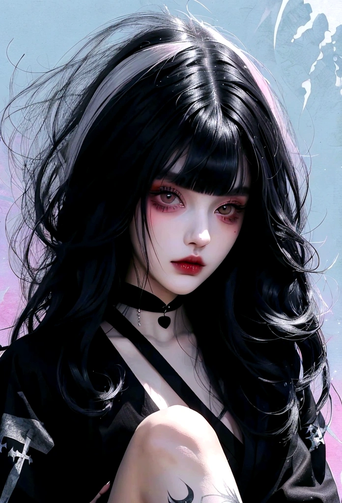 Black Hair、Black Feather、Gothic punk dress、Legs sticking out, Crossing your legs、anime zombie witch design, Crossbones, Streetwear Design, Provector, Horror Style, Full Design, Only 6 colors, Solid Colors, No Shadow, Full Design, Stickers, Bright colors, White Background.Ultra-fine illustrations,(((Beautiful fine hair))),(((Beautiful Faces))),(((Beautiful background))),(((Beautiful fine hair))),(((Beautiful Faces))),(((Beautiful background)))、Black Hair、Blunt bangs,Undershot,yukata,Tanabata,River side
