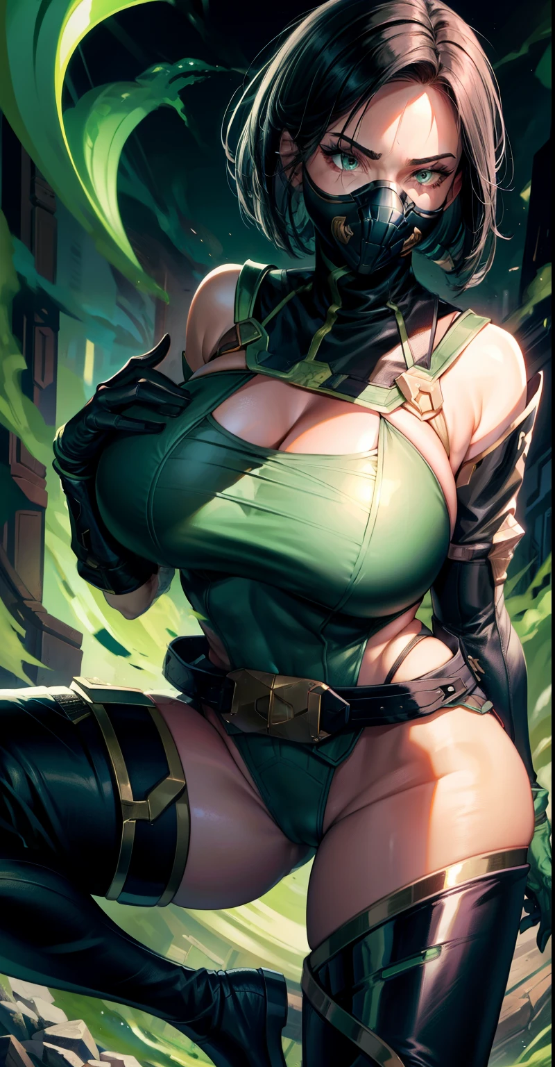 Masterpiece, Best quality,mid view from below her feet ,close-up of feet, feet taking up the screen《Fearless viper》, in a bikini, belt, thigh boots, respirator, looking at viewer, face, Portrait, Close-up, Glowing eyes, green smoke, Black background,huge tit,Raised chest, perfect feet, sexy feet, showing her feet, chest focus