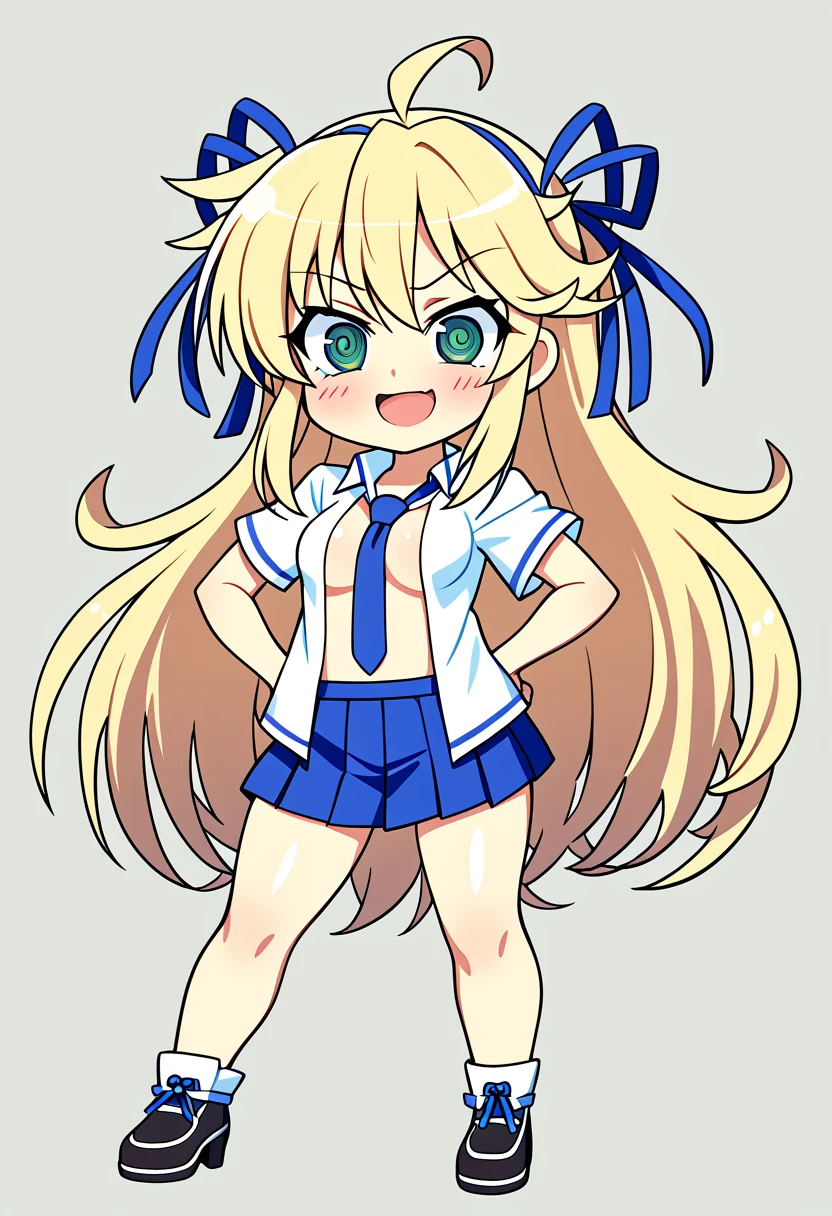 masterpiece, ((sharp expressive eyes)), (((high quality))) 1 girl, senran kagura style, katsuragi, blonde hair, open shirt, standing up, blue dual side hairribbons, blue tie, blue skirt, smiling, wide legs, green eyes, chibi