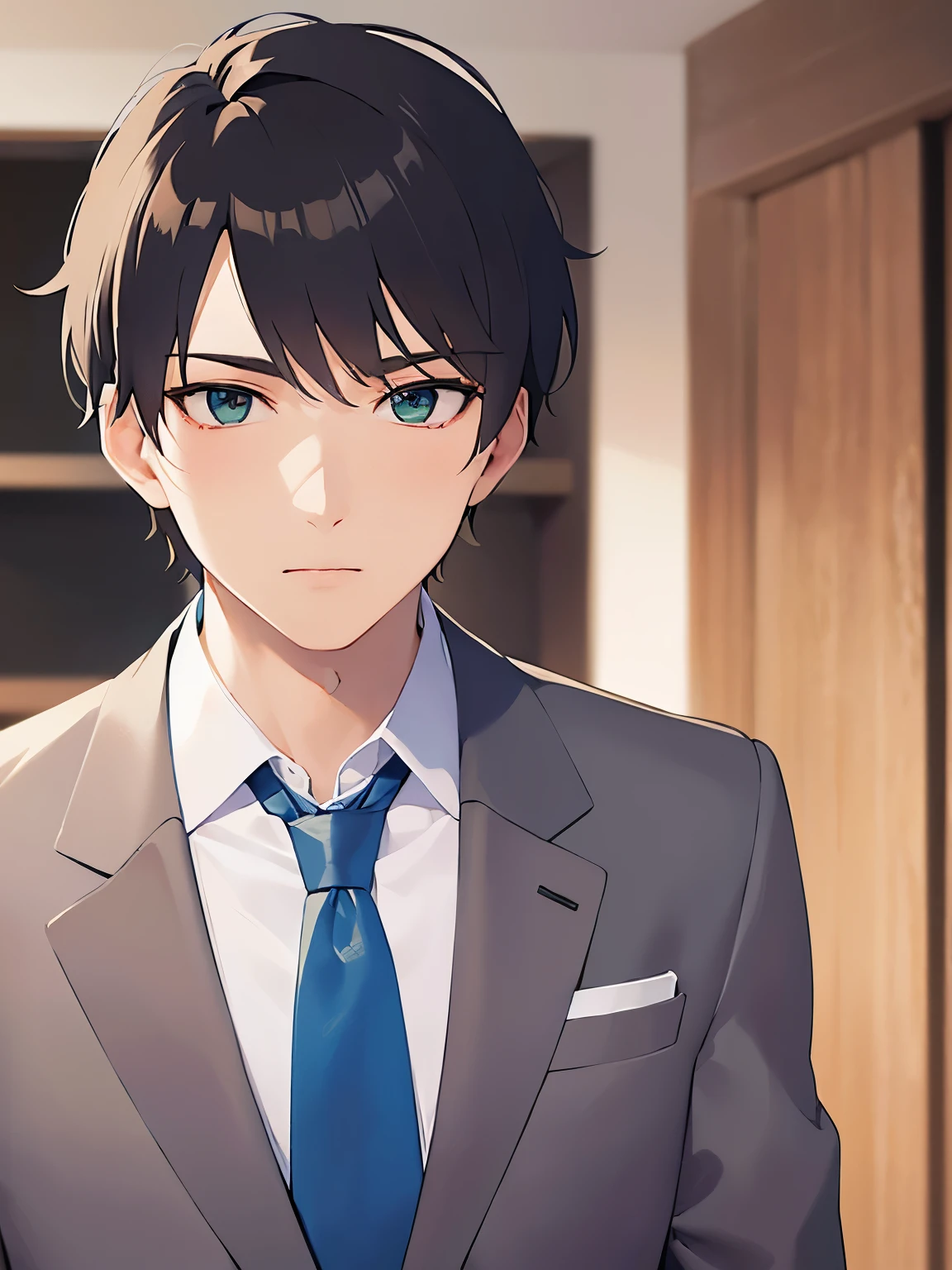 upper body、shiny skin、masterpiece、Highest quality、(25-year-old male:1.5) and (Brown short hair) and (Green Eyes), (Wearing a suit:1.3) and (Blue tie)、Are standing、Serious expression、Background: Company、(Alone:1.5)、