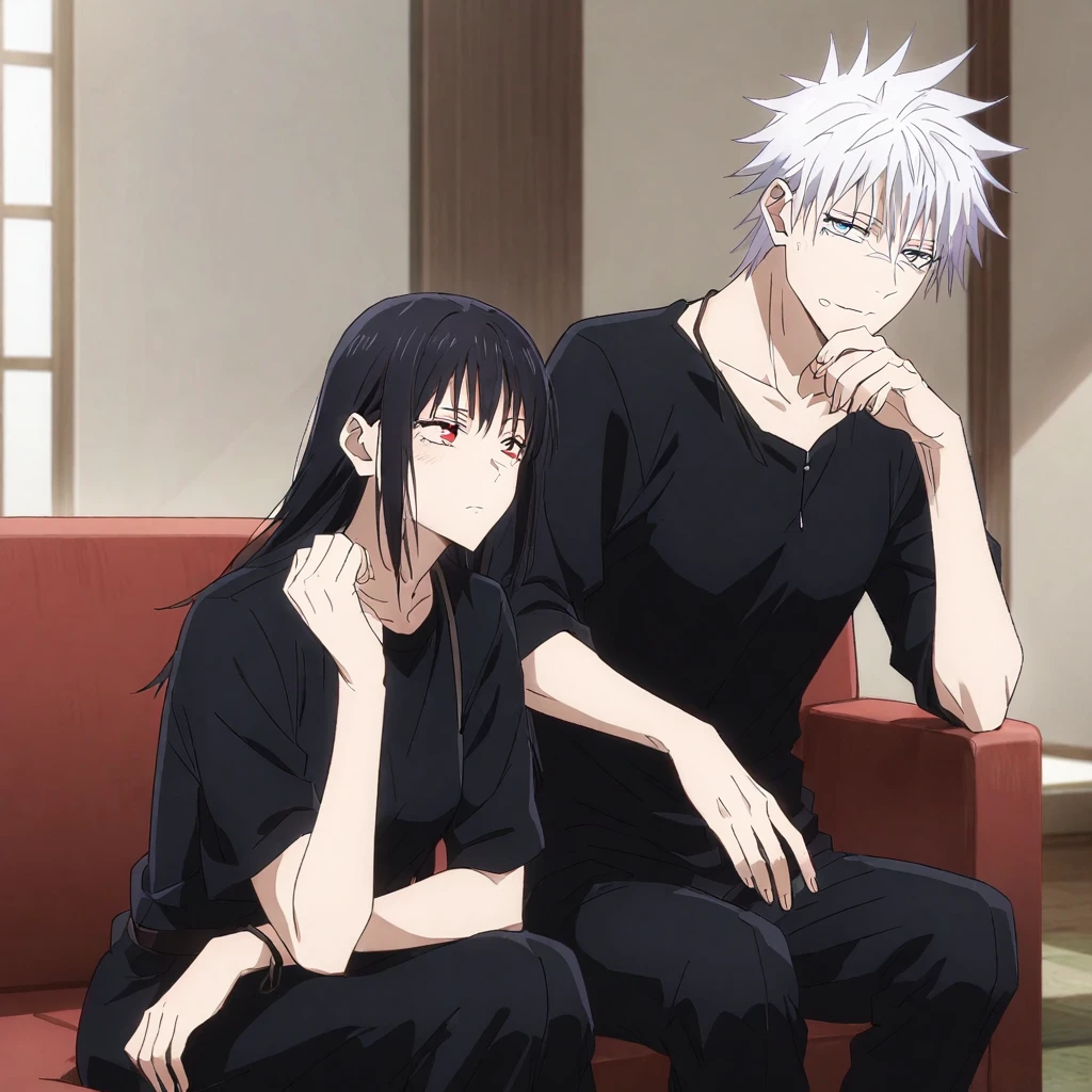 An anime-style image featuring two characters sitting closely together. The character on the left has spiky black hair, light blue eyes, and wears a black shirt. He is resting his chin on his hand while looking at the other character. The character on the right has long white hair, red eyes, and is dressed in a black outfit with a thin strap. She has a calm expression, and both of them are sitting on a couch in what seems to be an intimate setting.