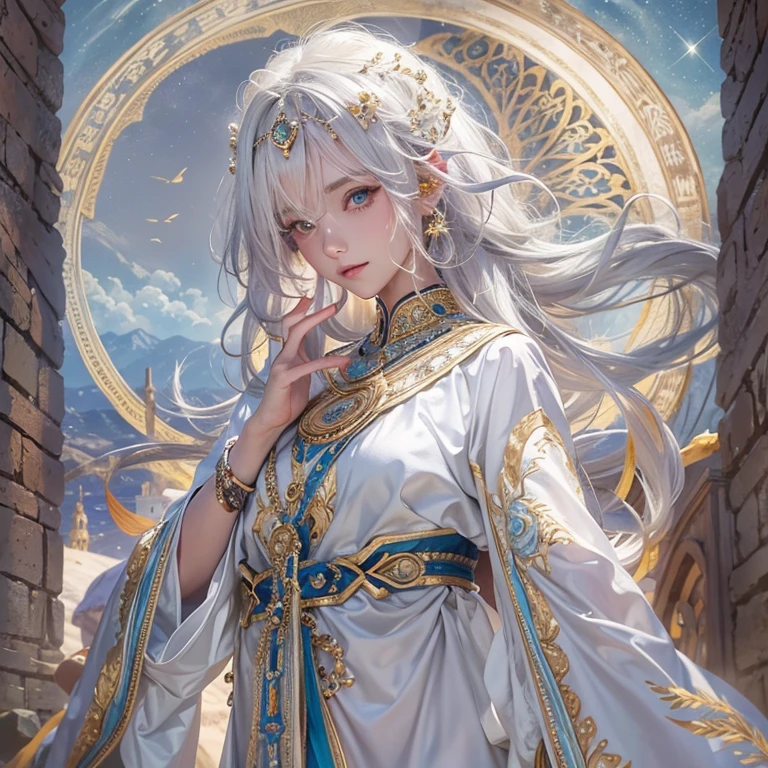 (Highest quality、masterpiece、8K、Best image quality、Ultra-high resolution、Award-winning works)、A beautiful white-haired woman watches over us from afar in the desert......., Where the moonlight shines.、Ancient Islamic clothing、Beautiful face drawn in every detail