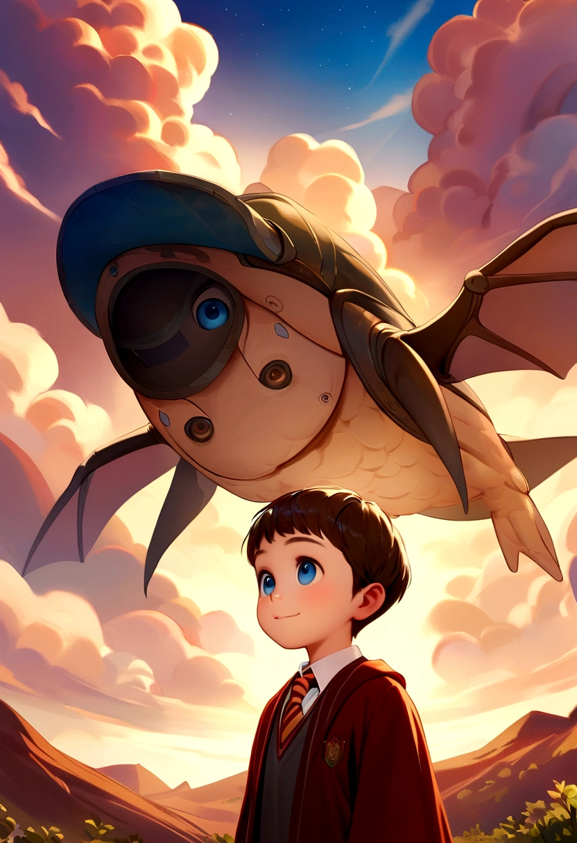 Image of a 10-year-old boy on a Pixar-style poster. He is the monitor, He is outgoing, Loves to play and can do many things, very short blond hair and blue eyes. The background is a landscape from the Harry Potter universe. In the photo, he is looking forward with a smile. Just below it the word "leonardo" highlight