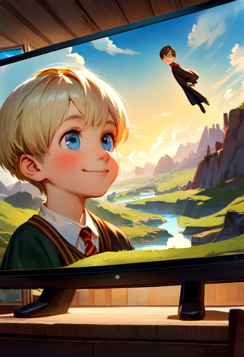Image of a 10-year-old boy on a Pixar-style poster. He is the monitor, He is outgoing, Loves to play and can do many things, very short blond hair and blue eyes. The background is a landscape from the Harry Potter universe. In the photo, he is looking forward with a smile. Just below it the word "leonardo" highlight