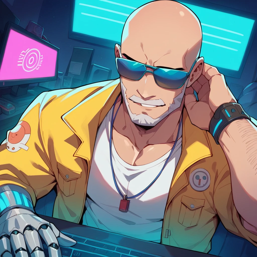 A bald guy with a short, stylish beard, athletic body, wearing yellow jacket with blue neon, sunglasses, robotic arm implants, connected ends, in his bedroom, using a computer to hack, sci fi environment, night-time, POV view