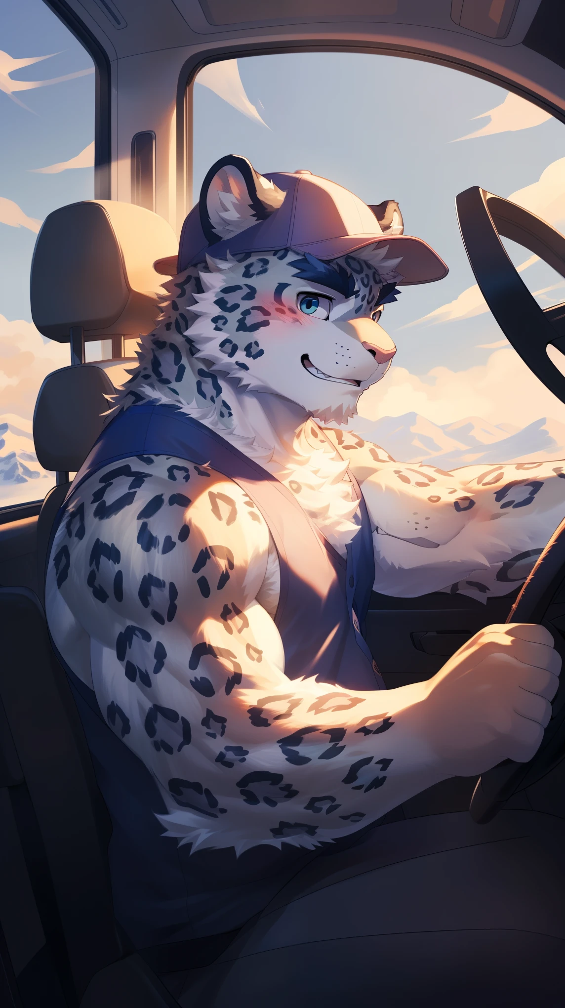 (Vision:1.5), solitary, anthropology, hairy, hairy male, snow leopard, ((Fluffy fur, Fluffy, hairy body)), (snow leopard print), (Thick eyebrows), youth, muscular, Blue-gray pupils, Detailed teeth, defaced face, fundos, driver, Gray purple vest, Baseball cap, cab里, Driving, front, Baseball cap, Shy expression, A faint smile, blush, (Dynamic poses:1.5), Clear facial features, Strong, majestic, alone, panoramic, Fog atmosphere, early morning, Tyndall light effect, cab, Sunlight through the car window, (By Empty Ghost, From snow leopard20, masterpiece, high quality, high resolution,8K)