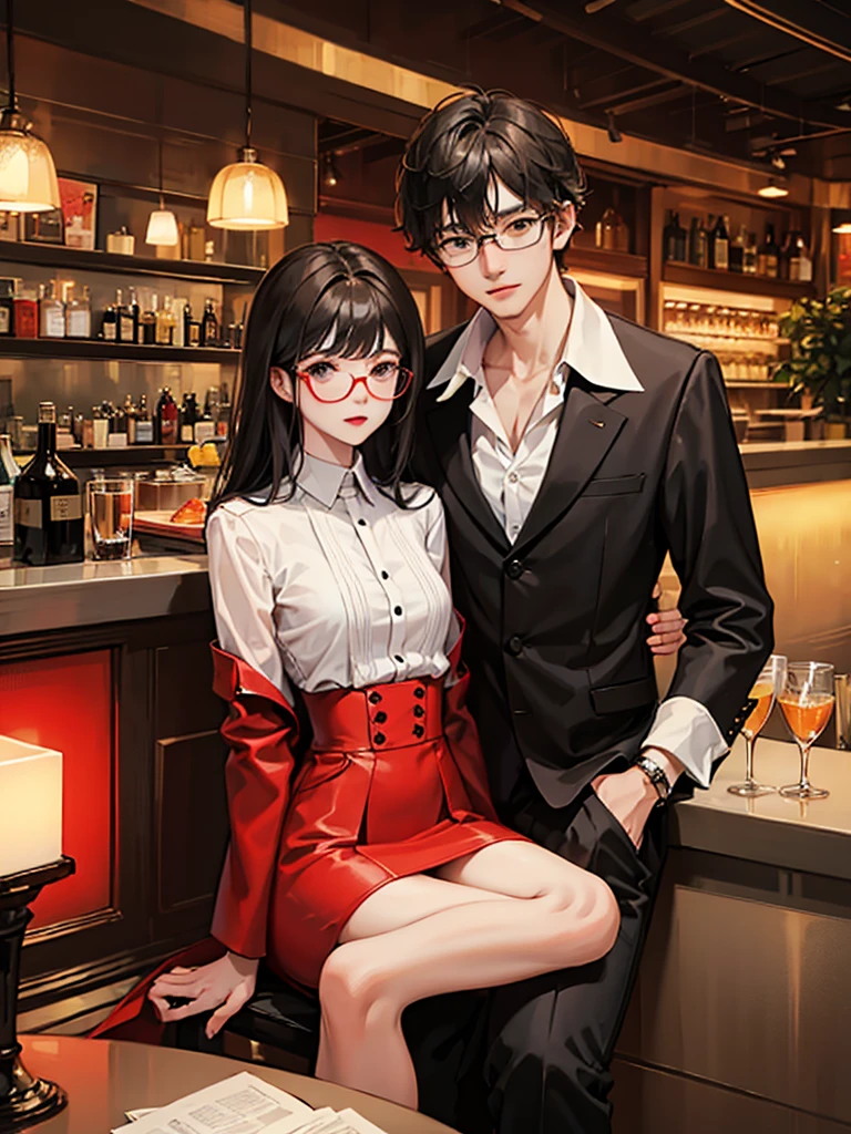 Novel about male and female lovers  Young man wearing a white shirt and glasses  And a sexy red dress girl, pub, night, sitting on your lap, provocative, beautiful, city view.