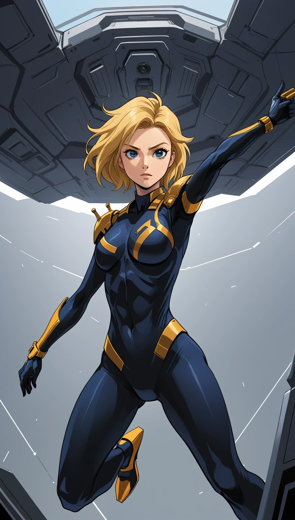 1 Girl、Medium Bust、solo、Blonde、Shortcutobile Race Suit、Shoulder Armor、ceiling、Wide Shot、Looking Ahead、profound、Fighting Pose、Closed Mouth、Highest quality、medium quality、22 years old、Mobile Trace System、cockpit、