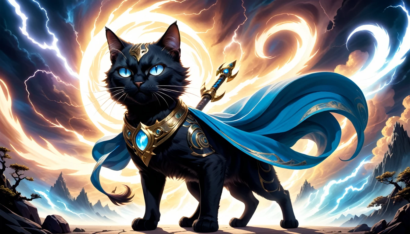 A divine and detailed fantasy scene featuring two anthropomorphic cats embodying the wind god and thunder god, facing off in a celestial battle. On the left side, a black cat with golden eyes, embodying the thunder god, is dressed in majestic armor that befits a deity. The black cat has large, round, almond-shaped eyes, and an intense, fierce expression. The cat is holding a staff crackling with lightning, standing amidst dark, swirling clouds and lightning bolts, creating a dramatic atmosphere.

On the right side, a white cat with blue eyes, embodying the wind god, is dressed in majestic armor that befits a deity. The white cat has large, round, almond-shaped eyes, and a serene yet determined expression. The cat is holding a large, billowing cloth filled with wind, with both hands gripping the ends of the cloth, which is expanding like the sail of a ship. The cat is surrounded by a ferocious storm, with violent winds swirling around, uprooting trees, lifting large debris, and creating a whirlwind effect that adds to the sense of chaos and immense power. The cat is floating on swirling, ethereal clouds, with flowing garments that enhance the divine sense of movement.

The two gods are depicted in a dynamic and majestic scene, their powers clashing in the center. The scene is filled with **_exquisite details and a celestial quality, combining the ethereal beauty of divine beings with the depth and realism of epic fantasy landscapes_**, glossy, real, raw cinematic photorealism, 8k, detailed, full frame.