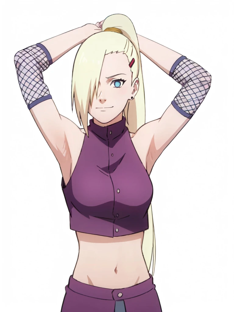 1girl, solo, blue eyes, ponytail, hair over one eye, hairclip, earrings, looking at viewer, long hair, blonde hair, closed mouth, sleeveless shirt, bare shoulders, ninja, upper body, midriff, navel, fishnets, arms up, armpits, showing armpits, masterpiece, by masashi kishimoto, gentle smile, purple crop top