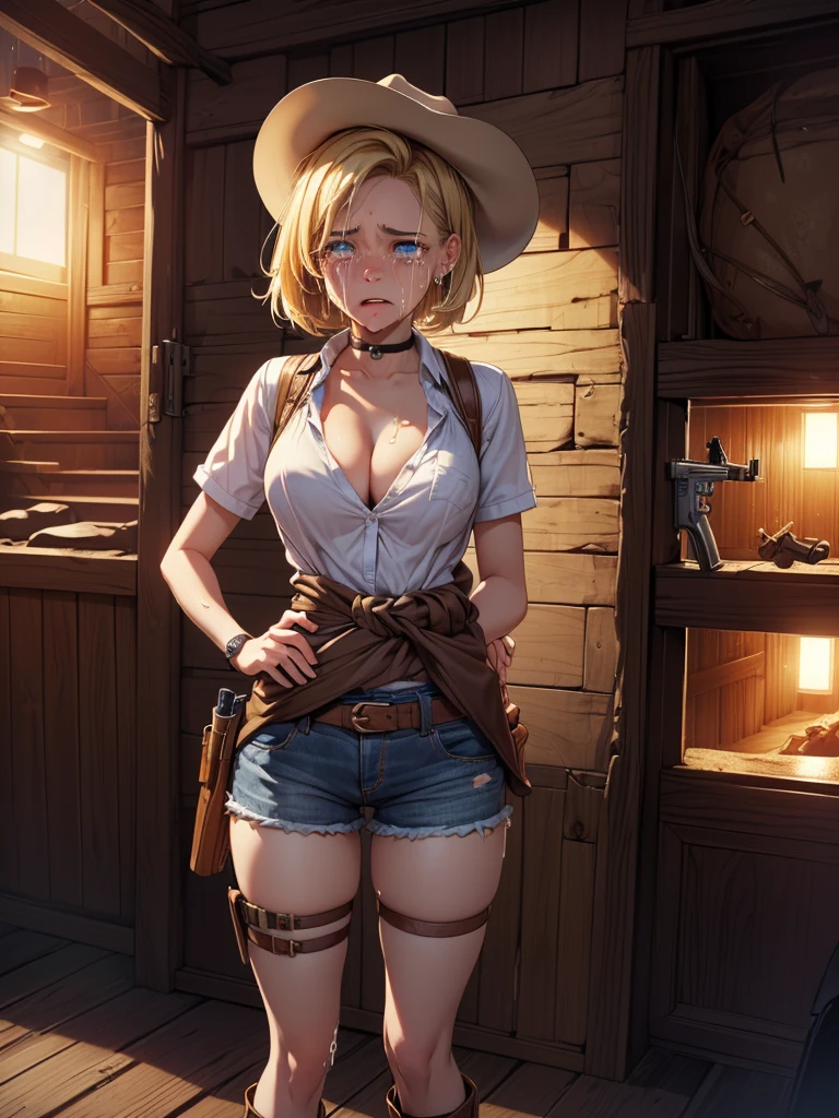 (((Cowgirl Costume))),(((Wear low-waisted denim shorts and short western boots))),(((Wear a western hat))),(((wear a leather belt))),(((He is wearing short sleeves, Plaid, front tie shirt))),(((Wear a gun belt with a holster around your waist:1.5))),(((Wear a watch on your wrist))),(((Showing cleavage))),(((Bare inner thighs))),(((Bare arms))),(((Her hair is blonde))),Beautiful detailed girl, Very detailed目と顔, 緻密でBeautiful Eyes, Very detailedな, High resolution, Highest quality, masterpiece, Very detailed, 8k wallpaper, wonderful, finely, Highest quality,One girl,(((Basement at night:1.5))),(((Standing in front of a wooden wall))),Beautiful Eyes,((Crying face:1.5)),((Drunk and having hiccups:1.5)),Open your mouth