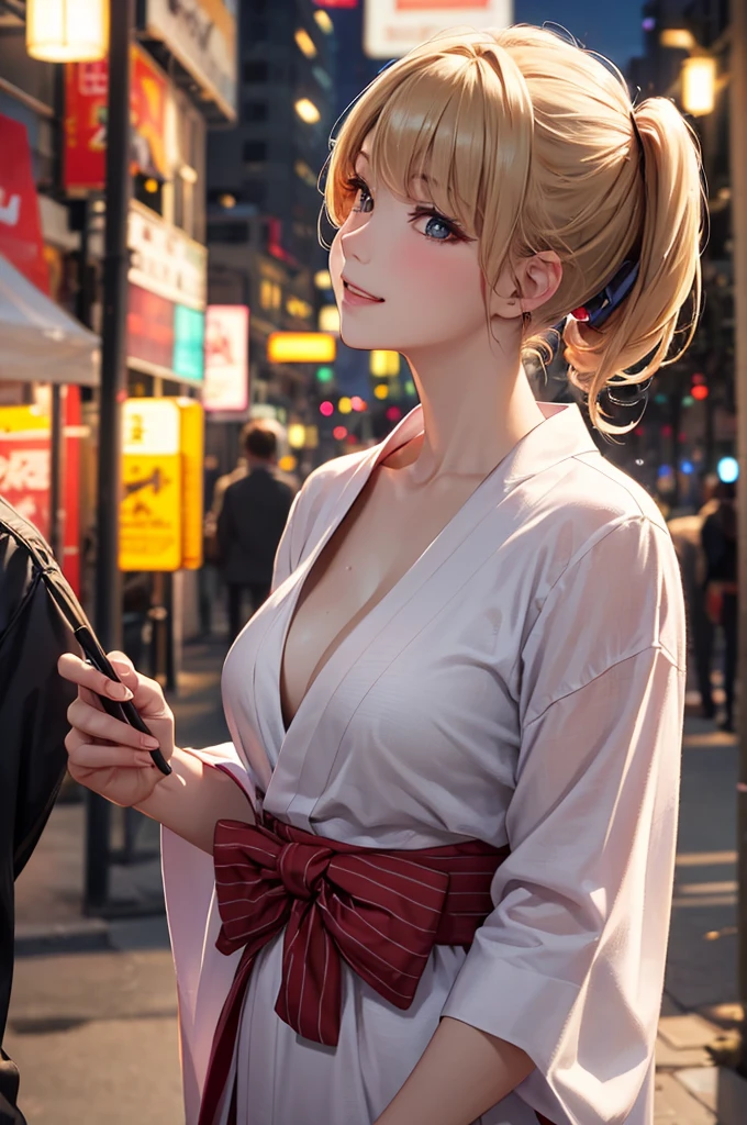 (Best Quality,High resolution,8K,finelity detailed background,Masterpiece:1.2),beautiful girl,Shiny khaki hair,pony tail,Khaki Eyes,Gentle look,A refreshing look,Best quality,Best Quality,Aesthetic and aesthetic:1.2,Best details((Super detailed))(High-definition CG illustrations),yukata,Slender body,buzzer,evening,Festival,Firework Display,fan,Nightclub,open air,smile,blush,cute,Scrounge,Looking up,Being spoiled,super model,shoot from below