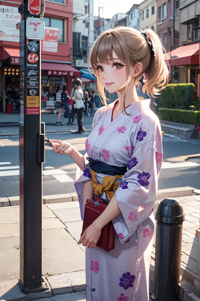 (Best Quality,High resolution,8K,finelity detailed background,Masterpiece:1.2),beautiful girl,Shiny khaki hair,pony tail,Khaki Eyes,Gentle look,A refreshing look,Best quality,Best Quality,Aesthetic and aesthetic:1.2,Best details((Super detailed))(High-definition CG illustrations),yukata,Slender body,buzzer,evening,Festival,Firework Display,fan,Nightclub,open air,smile,blush,cute,Scrounge,Looking up,Being spoiled,super model,shoot from below