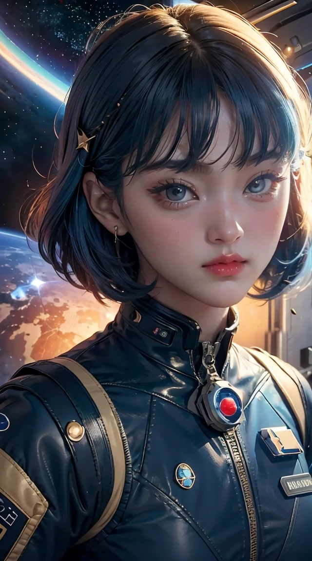best quality, detailed, 4k, raw photo, masterpiece, detailed face,, stars, planets, galaxy, space,, a photo of anycemar flying in space, blue hair, bangs, long hair, looking at viewer,