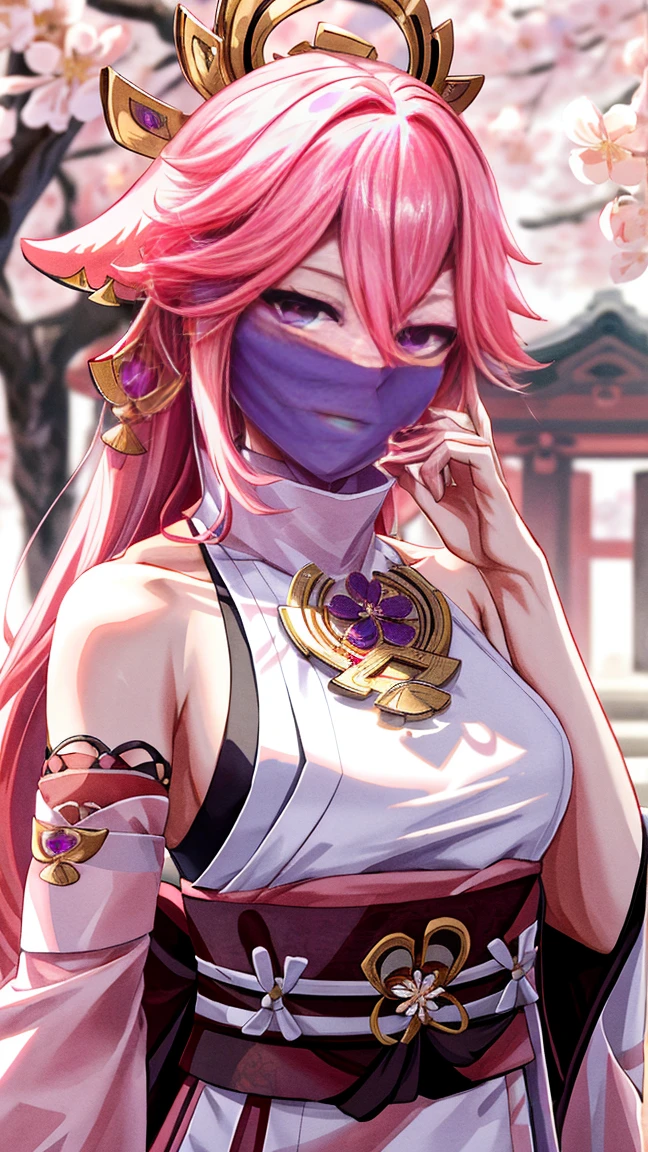 ((masterpiece, best quality)), (1girl),((mature female)), animal ears, bare shoulders, blush, breasts, cherry blossoms, closed mouth, detached sleeves, earrings, fingernails, flower, fox ears, gem, hair between eyes, hair ornament, hand up, japanese clothes, jewelry, kimono, long hair, looking at viewer, medium breasts, miko, nontraditional miko, pink eyes, pink flower, pink hair, purple gemstone, short kimono, sidelocks, standing, yea miko \(genshin impact\), wearing face veil, (white face veil, face mask fit his face:1.2),