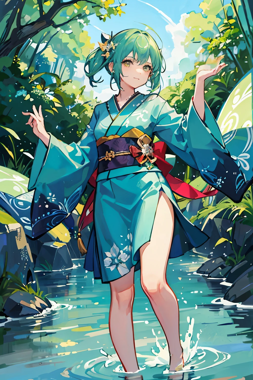 Green Hair、kimono、princess、water面、water、water滴、sacred、Gorgeous、Dancing