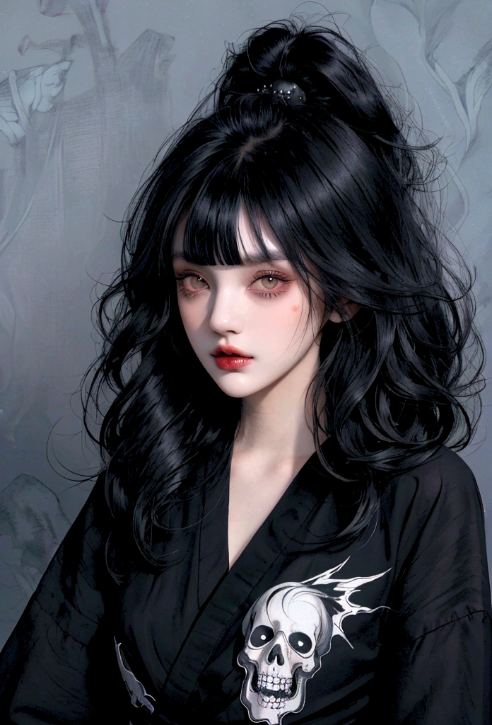 Black Hair、Black Feather、Gothic punk dress、Legs sticking out, Crossing your legs、anime zombie witch design, Crossbones, Streetwear Design, Provector, Horror Style, Full Design, Only 6 colors, Solid Colors, No Shadow, Full Design, Stickers, Bright colors, White Background.Ultra-fine illustrations,(((Beautiful fine hair))),(((Beautiful Faces))),(((Beautiful background))),(((Beautiful fine hair))),(((Beautiful Faces))),(((Beautiful background)))、Black Hair、Blunt bangs,Undershot,yukata,Tanabata,River side
