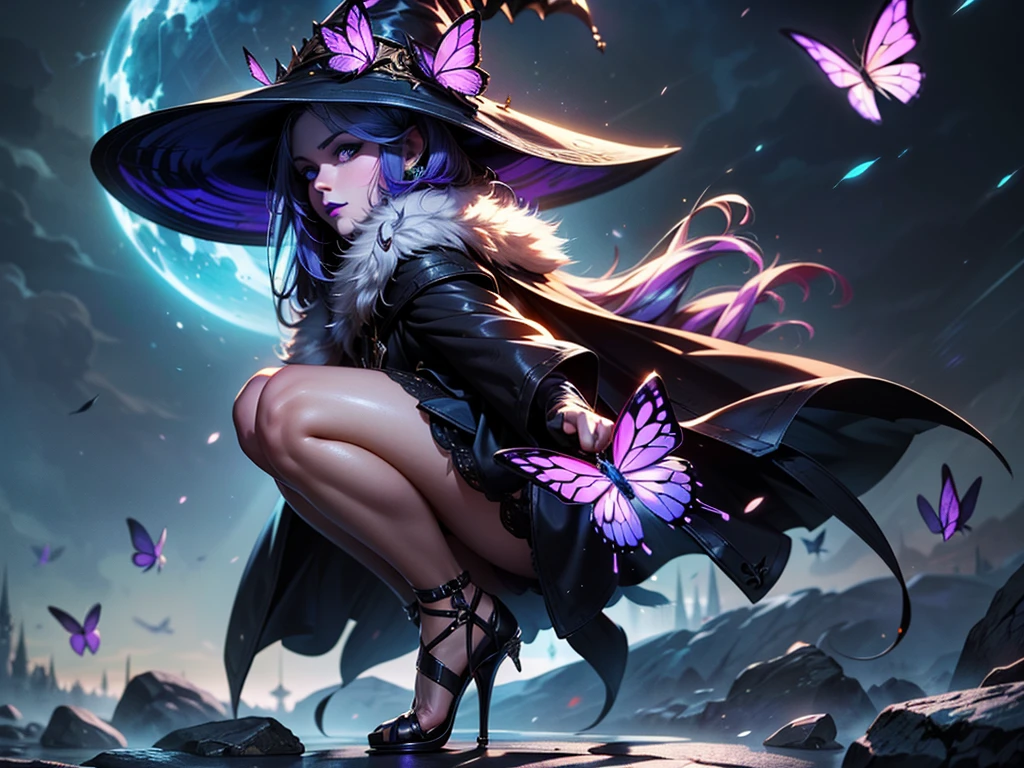 In the middle of so the storm on the stone field stand beatiful witch, she have a beautiful face with blue eyes shining purple lipstick and purple eye shadows, she have long blue hair with purple highlights, she dressed in black long coat short skirt high heels shoes and witch hat on her head , there is lighning butterflys fly all around her, (ultra high quality fantasy art, anime fantasy style, masterpiece, ultra high quality character design, 8k quality anime art, realistic anime art, top quality wallpaper illustration, detailed ultra high quality accurate face, high quality design and accurate physic)