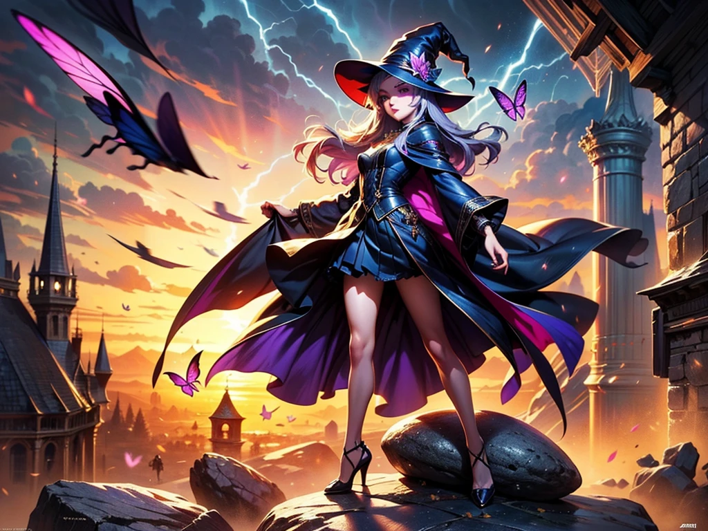 In the middle of so the storm on the stone field stand beatiful witch, she have a beautiful face with blue eyes shining purple lipstick and purple eye shadows, she have long blue hair with purple highlights, she dressed in black long coat short skirt high heels shoes and witch hat on her head , there is lighning butterflys fly all around her, (ultra high quality fantasy art, anime fantasy style, masterpiece, ultra high quality character design, 8k quality anime art, realistic anime art, top quality wallpaper illustration, detailed ultra high quality accurate face, high quality design and accurate physic)