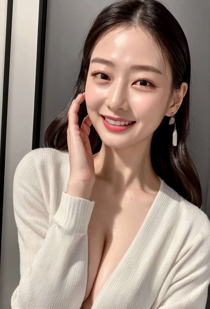 1people、Delicate skin quality、日本people、((Highest quality, 4K, Masterpiece: 1.3)), Beautiful style: 1.4, Long hair, White knit, Large Breasts, Wet body, Sweaty, Hands behind back, smile, Highly detailed face and skin texture, Fine grain, double eyelid、The whole body is visible、White teeth、bustling street