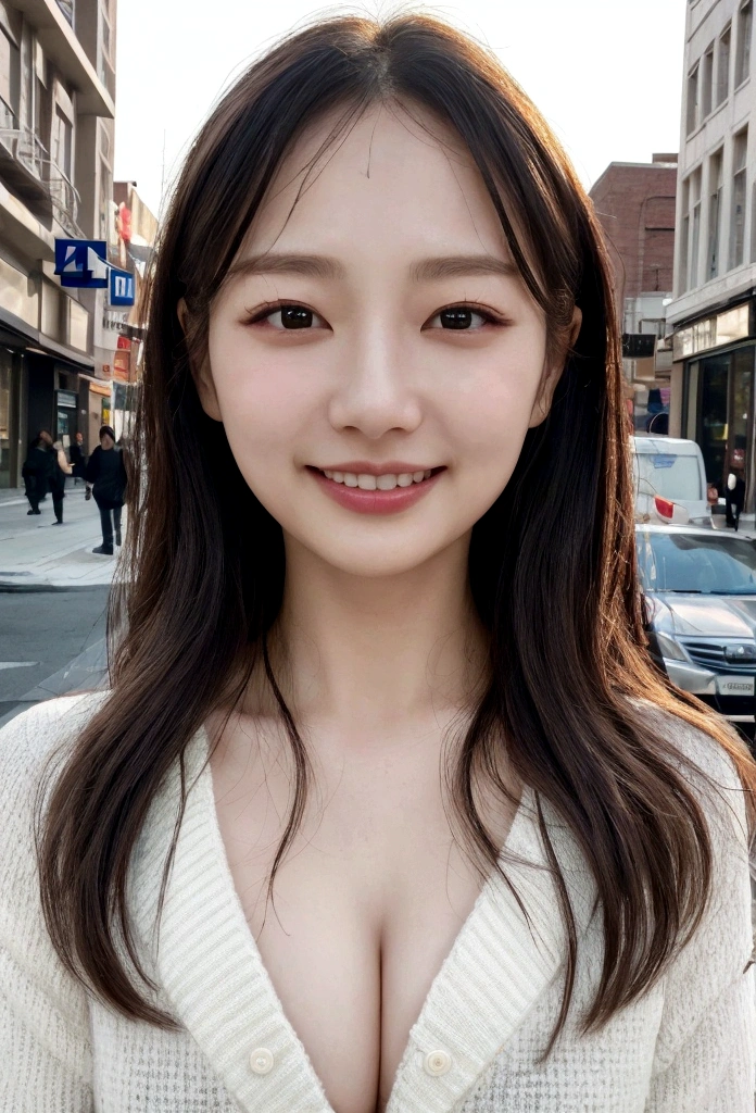 １people、Delicate skin quality、日本people、((Highest quality, 4K, Masterpiece: 1.3)), Beautiful style: 1.4, Long hair, White knit, Large Breasts, Wet body, Sweaty, Hands behind back, smile, Highly detailed face and skin texture, Fine grain, double eyelid、The whole body is visible、White teeth、bustling street